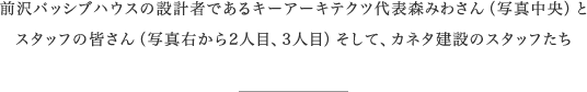 前沢パッシブハウスの設計者であるキーアーキテクツ代表森みわさん（写真中央）とスタッフの皆さん（写真右から2人目、3人目）そして、カネタ建設のスタッフたち